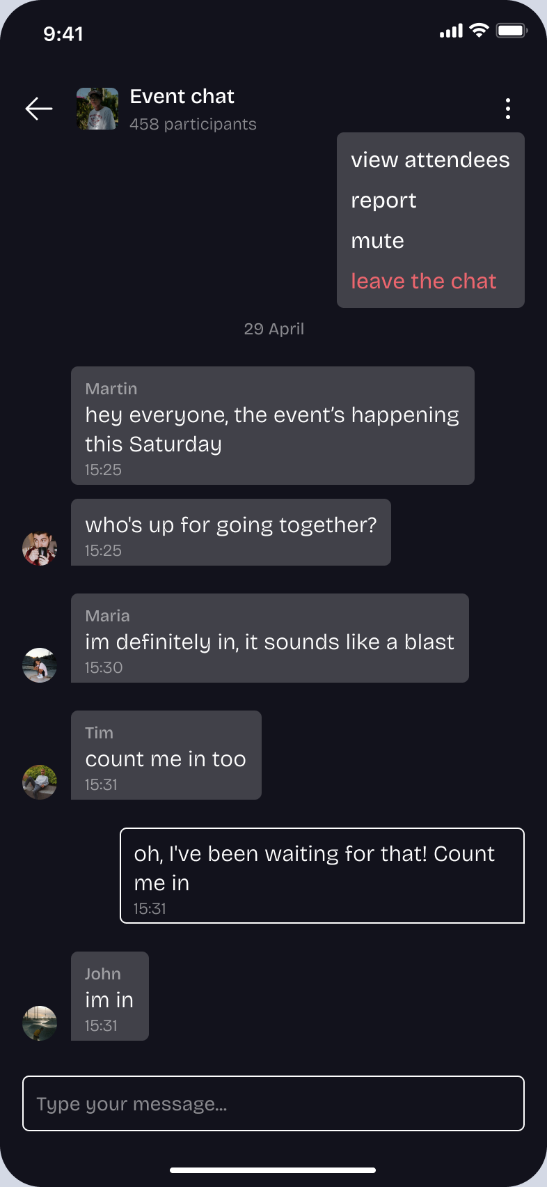 An event chat in baesh: people say they're in and agree to go together